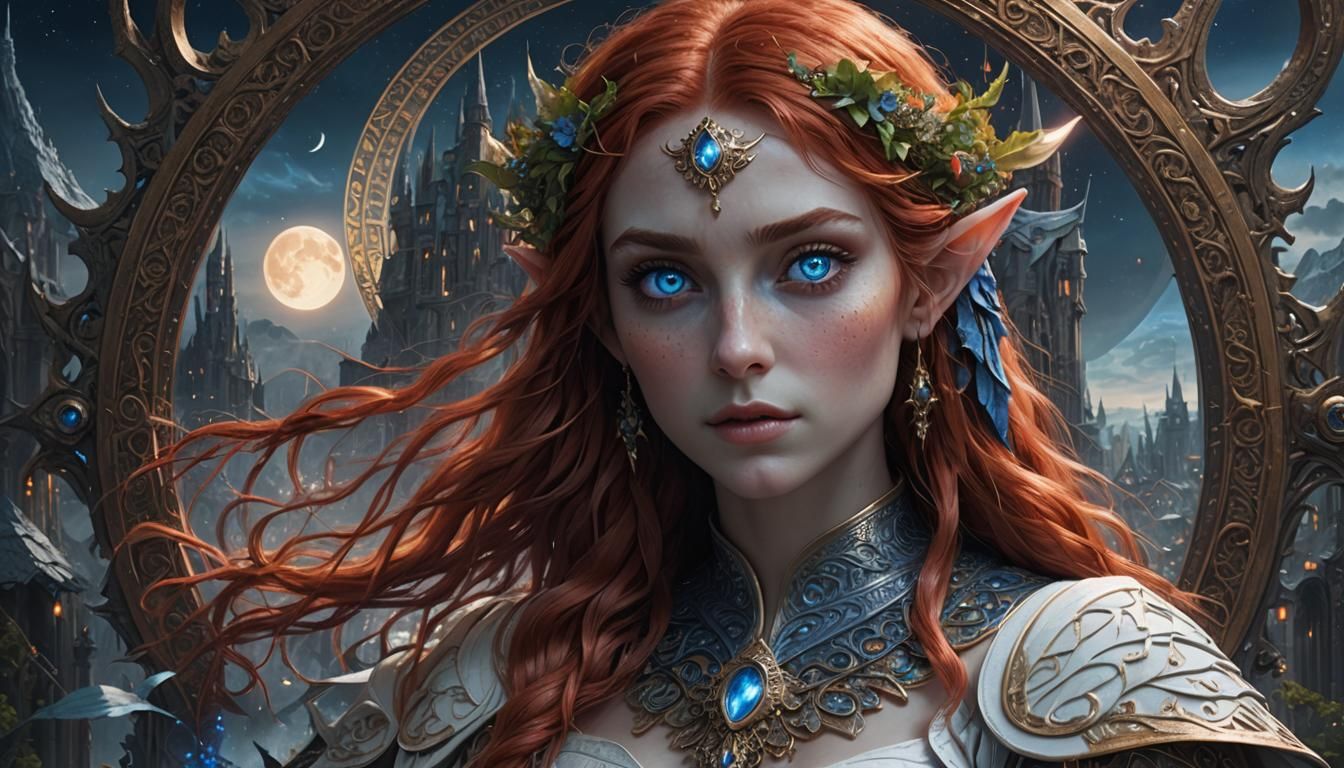 Red-Haired Elf with Glowing Eyes Under Blue Moon