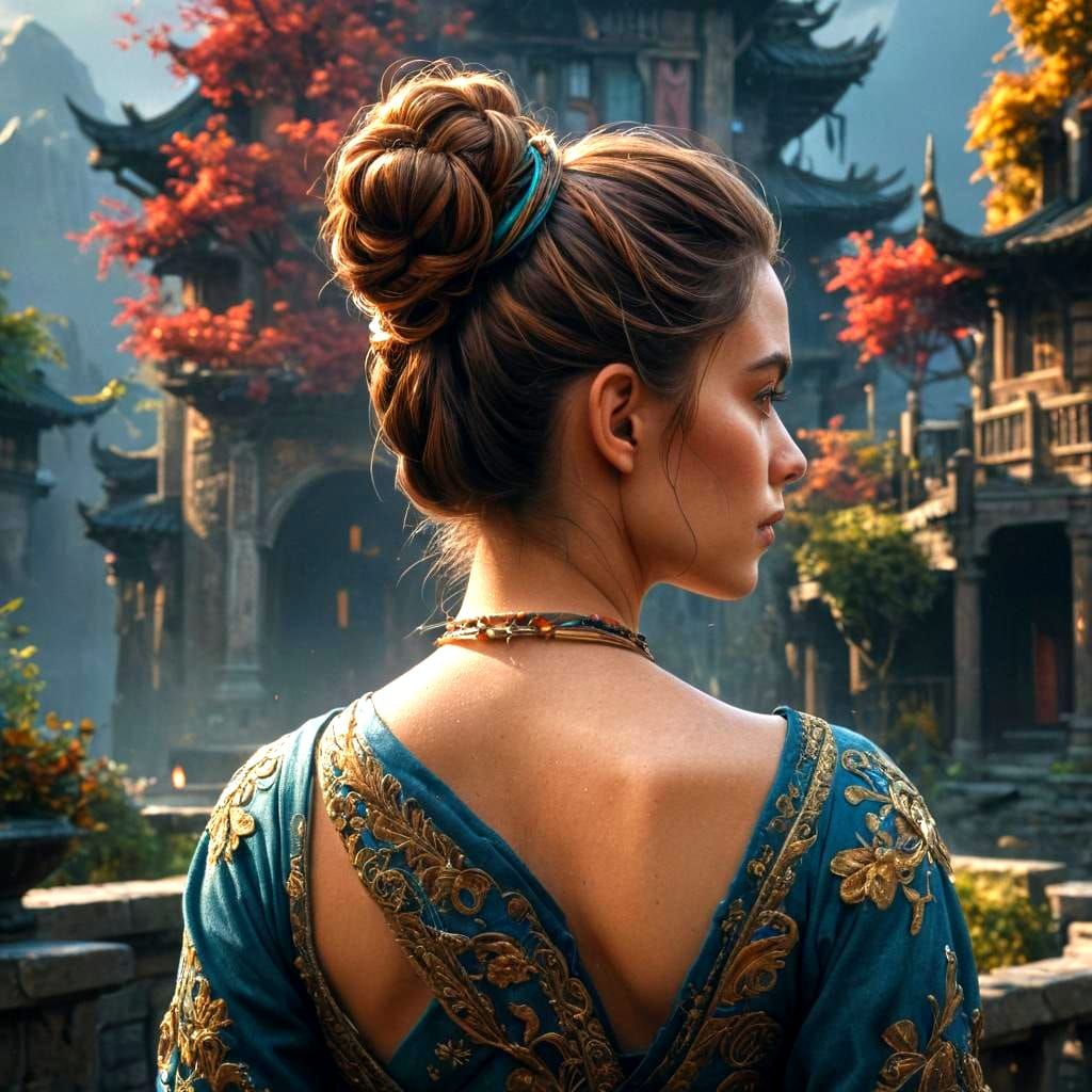 Woman with Bun: Detailed Fantasy Concept Art