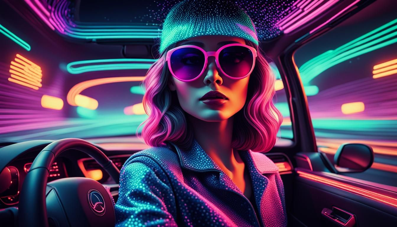 Woman Driving Car in Kinetic Pointillism Style