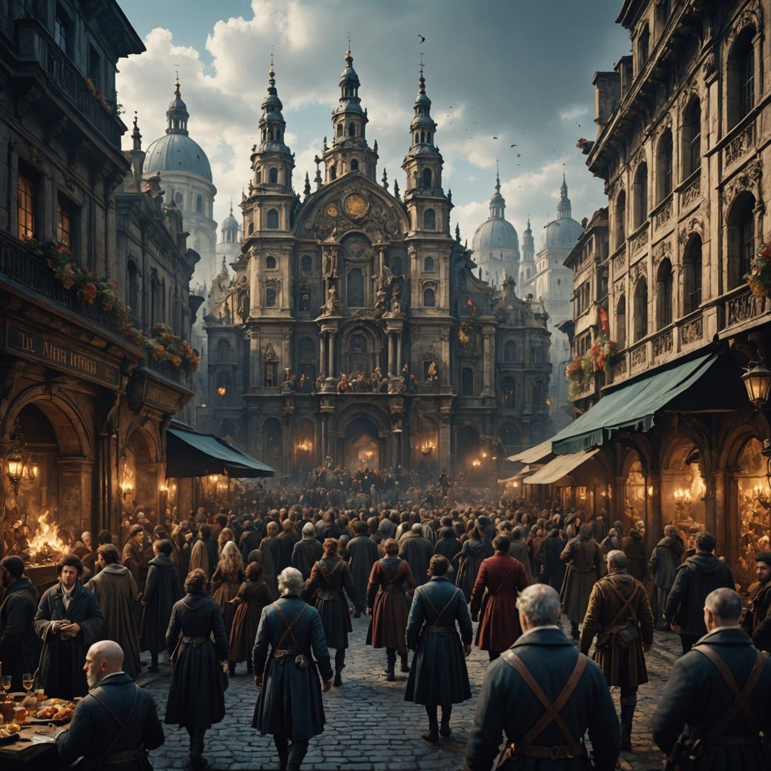 Crowded City Scene in Baroque Art Style