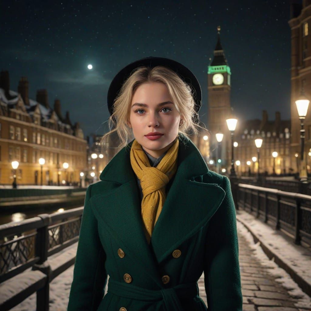 Elegant Woman on Snowy London Bridge at Night