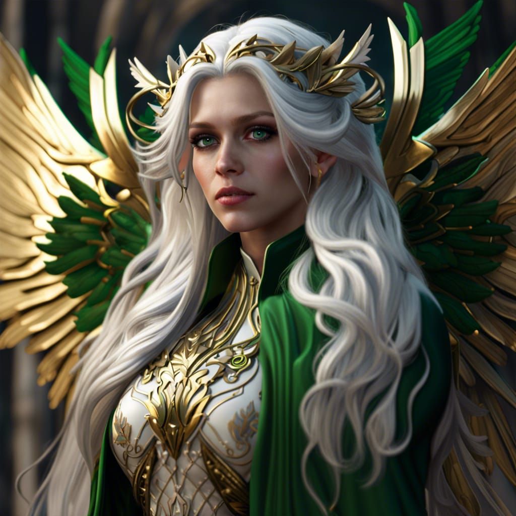 Beautiful Angel with Green Wings and Gold Clothing