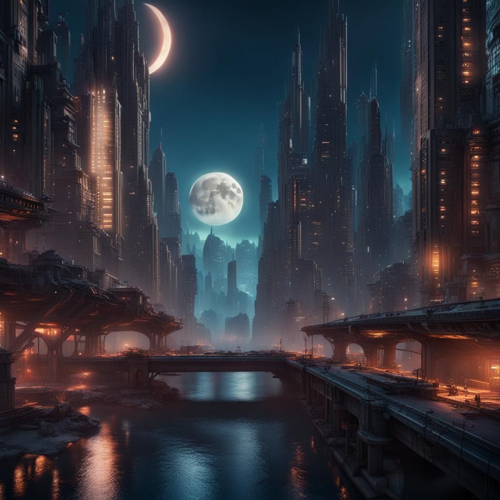 Futuristic Cityscape Under a Dual Moonrise