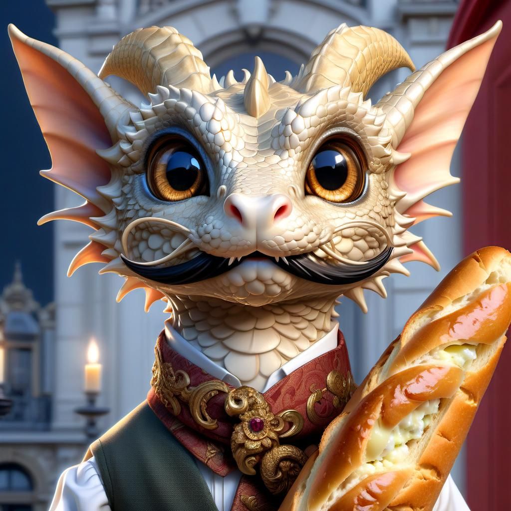 Adorable French Dragon with Baguette, Anime Style