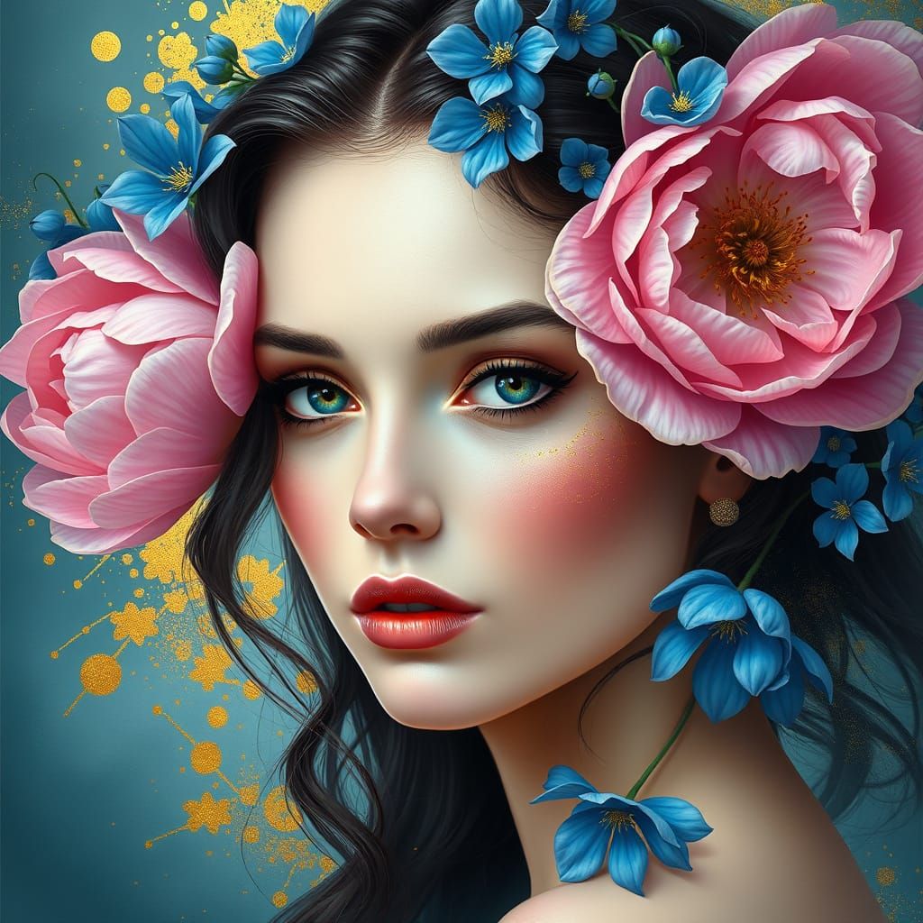 Surreal Digital Painting of a Woman with Saphir Eyes and Art...