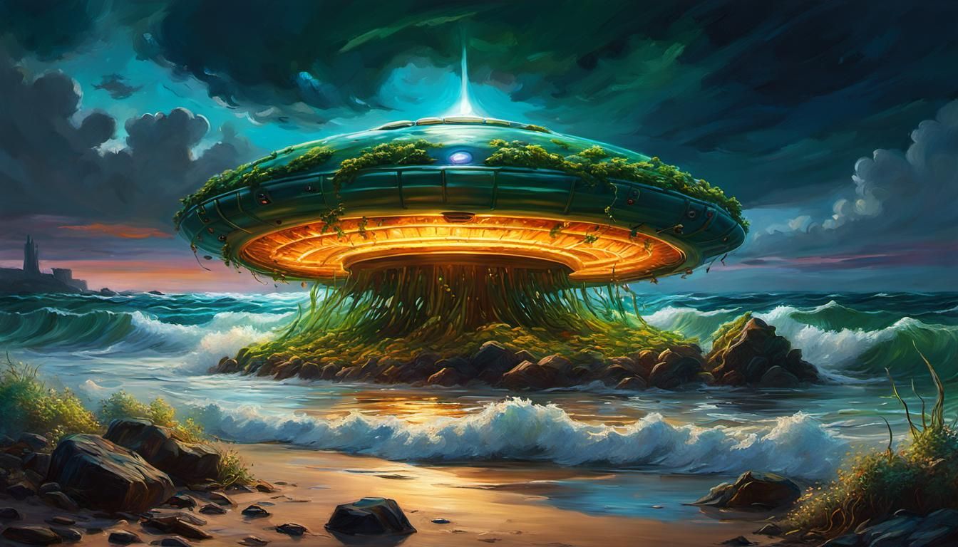 Stormy Sea UFO in Turner-Monet Oil Painting Style
