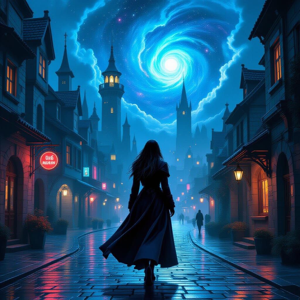 Cyborg Woman in Futuristic Medieval Town with Nebula Sky
