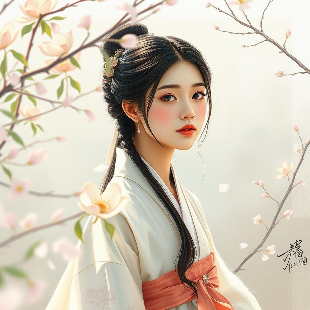 Elegant Korean Woman in Hanbok with Watercolors