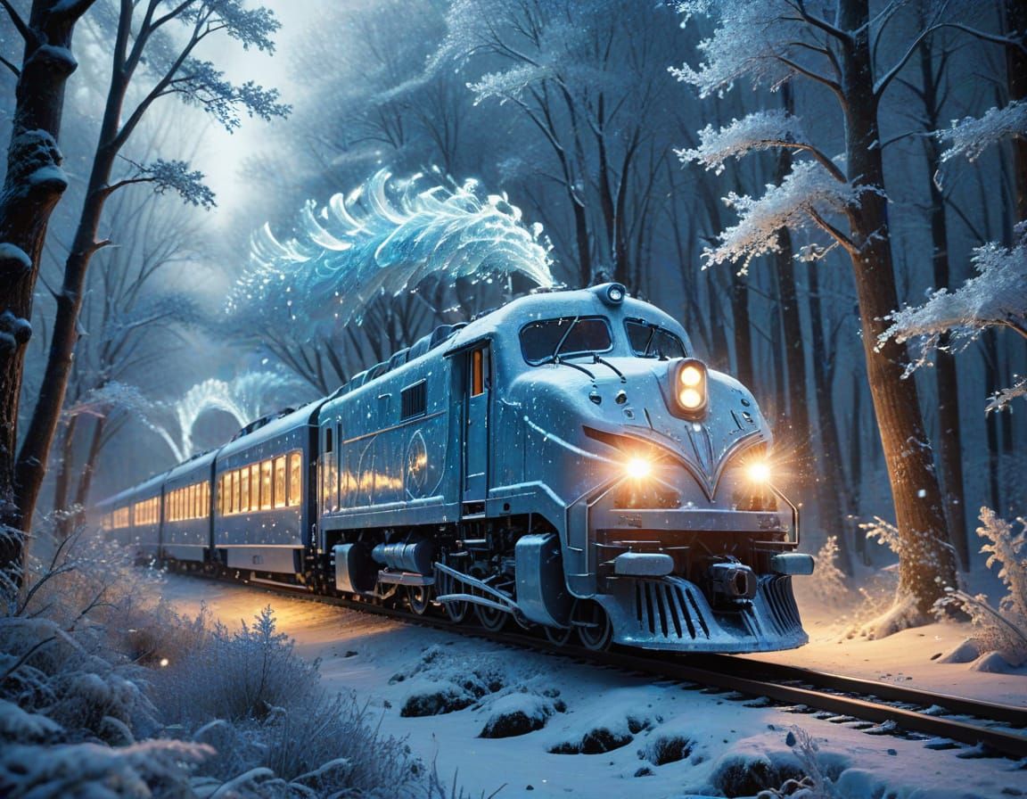 Ice and Starlight Train in Enchanted Winter Forest