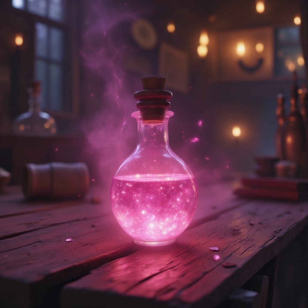 Crystal potion of pink liquid on a wooden table