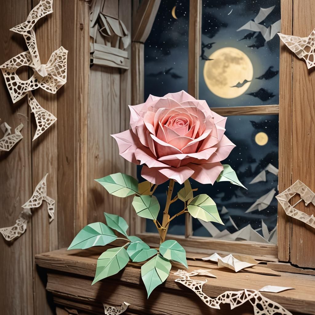 Origami Rose in Haunted House: Watercolor Digital Art
