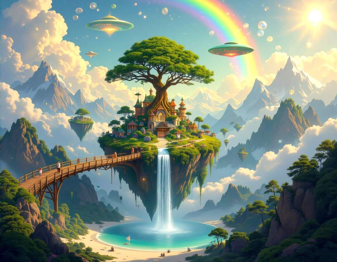 Fantasy Bridge to Floating Island, Astral Illustration