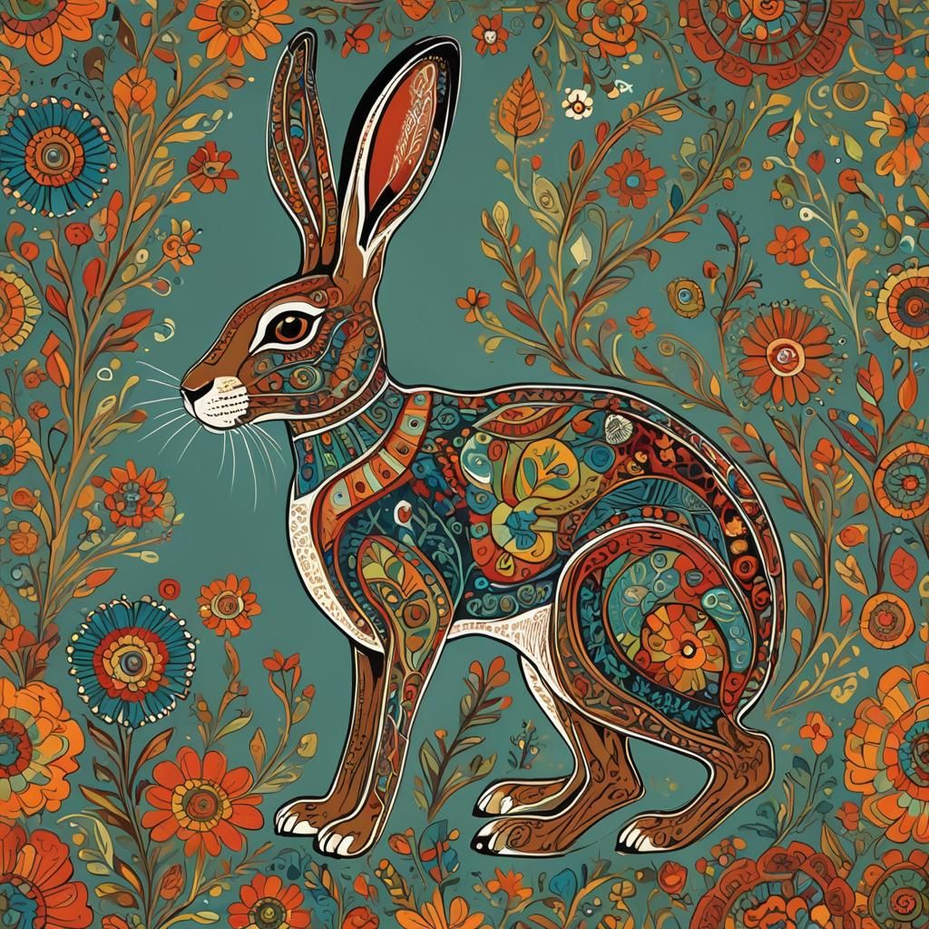 Southwestern Jackrabbit in Folk Art Style