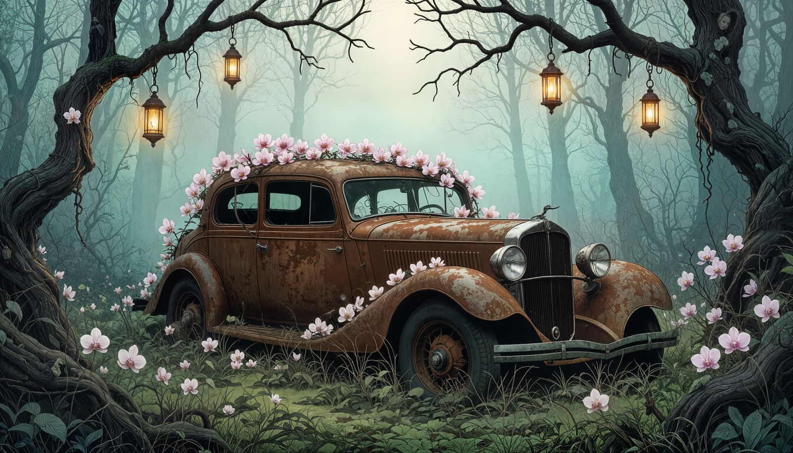 Abandoned Vintage Car with Orchids in Misty Forest