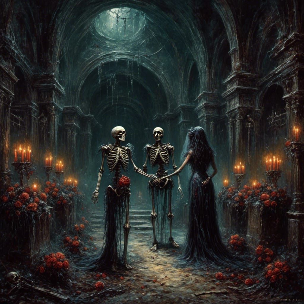 Wedding Skeletons in Crypt: Horror Concept Art