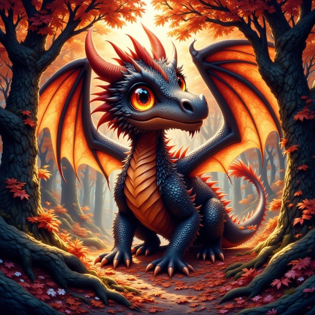 Enormous Black and Red Dragon in Autumn Forest