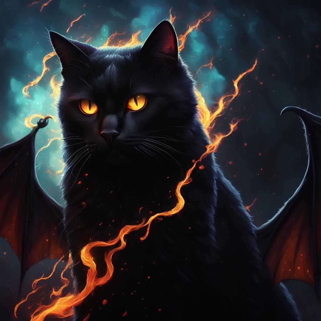 Realistic fire breathing black cat with bat wings& realistic...