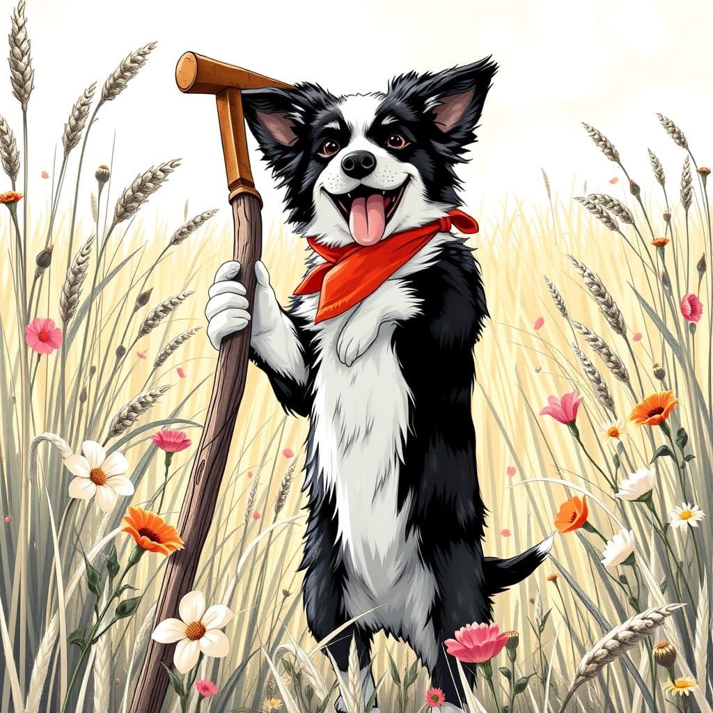 Cute Border Collie Scything a Meadow in Black and White