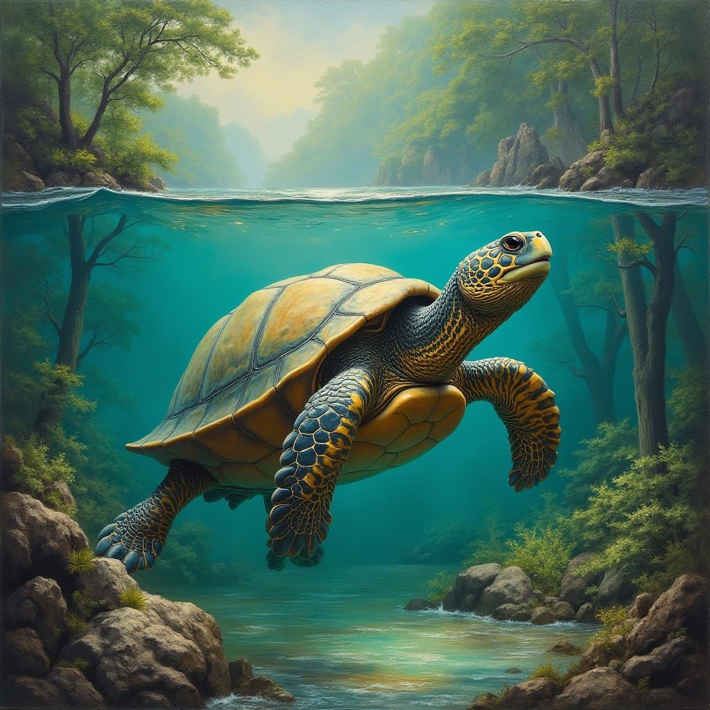 Majestic Turtle Carries Earth in Oil Painting Style