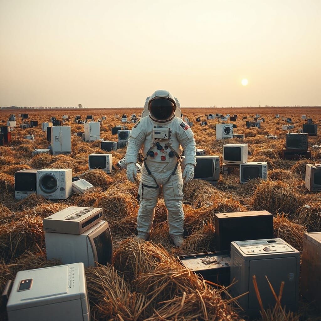 Astronaut Amidst Appliances in Hay Field