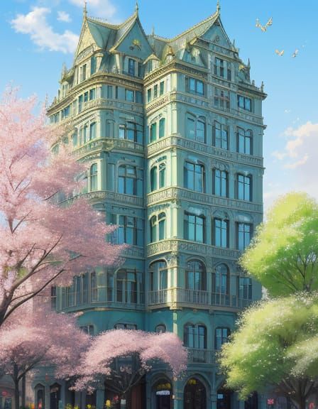 Whimsical Spring Cityscape in Impressionist Style