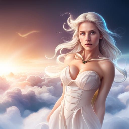 Ethereal Girl with Flowing Hair Above Clouds