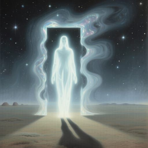 Ethereal Light Figure Dissolves into Cosmic Expanse