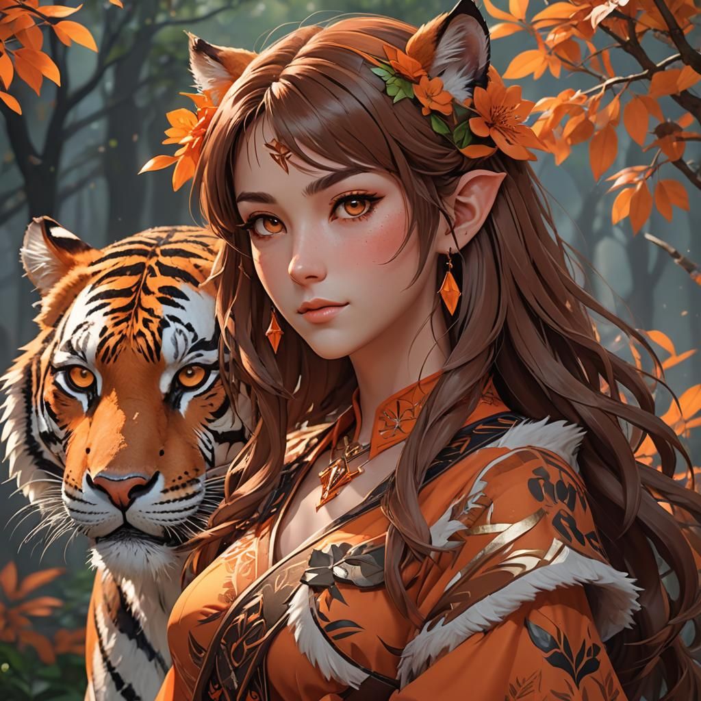 Elven Woman and Tiger in Anime Style