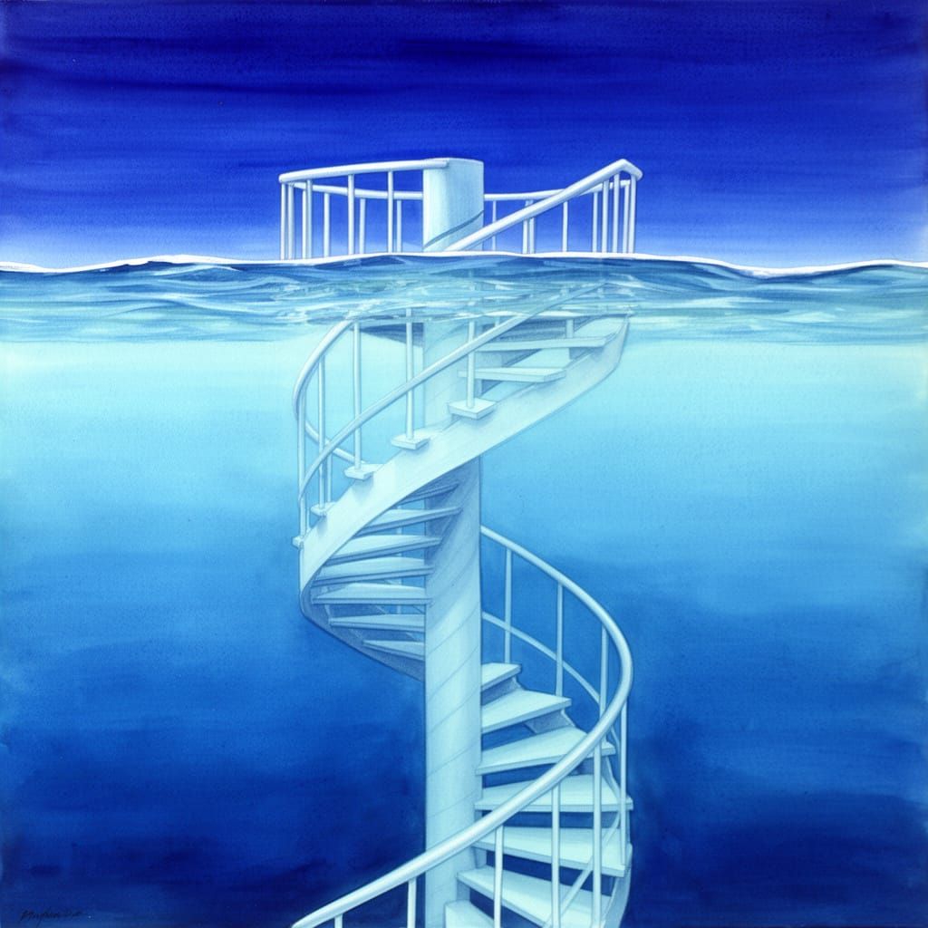 Pale Blue Underwater Spiral Staircase in Gouache