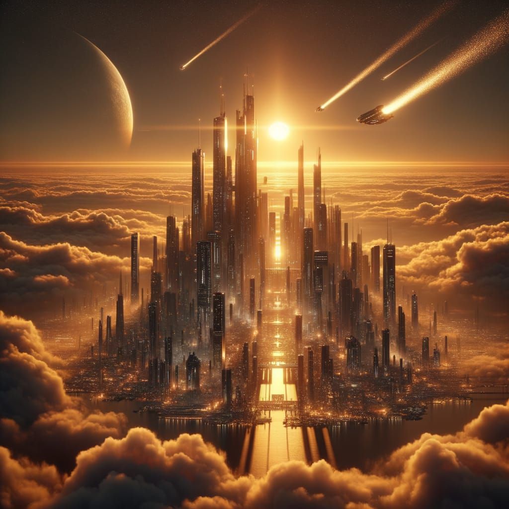 Futuristic Floating City at Sunset
