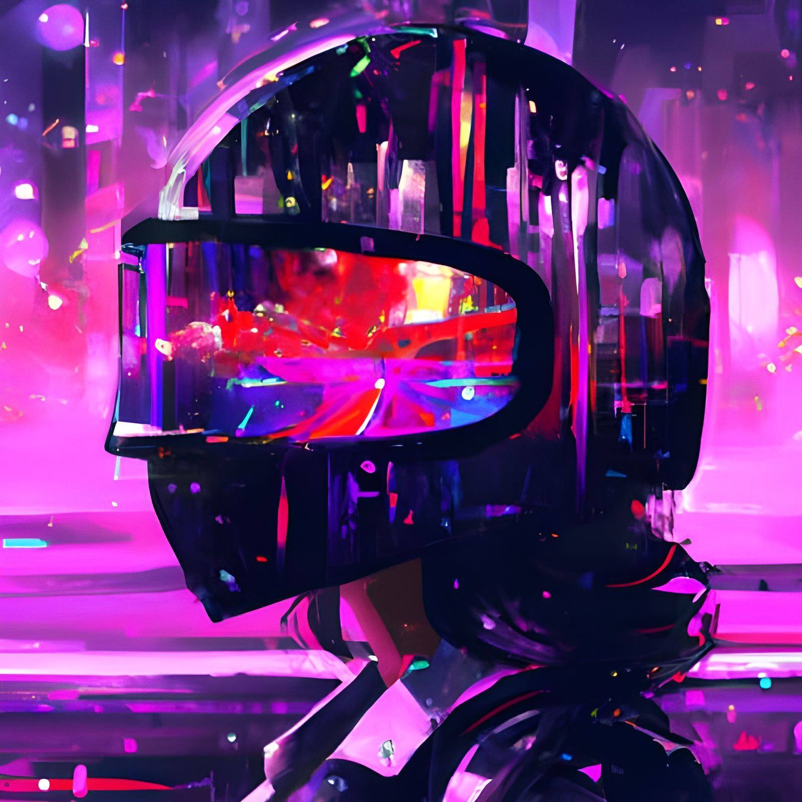 Cyberpunk Helmet Reflecting Futuristic Cityscape