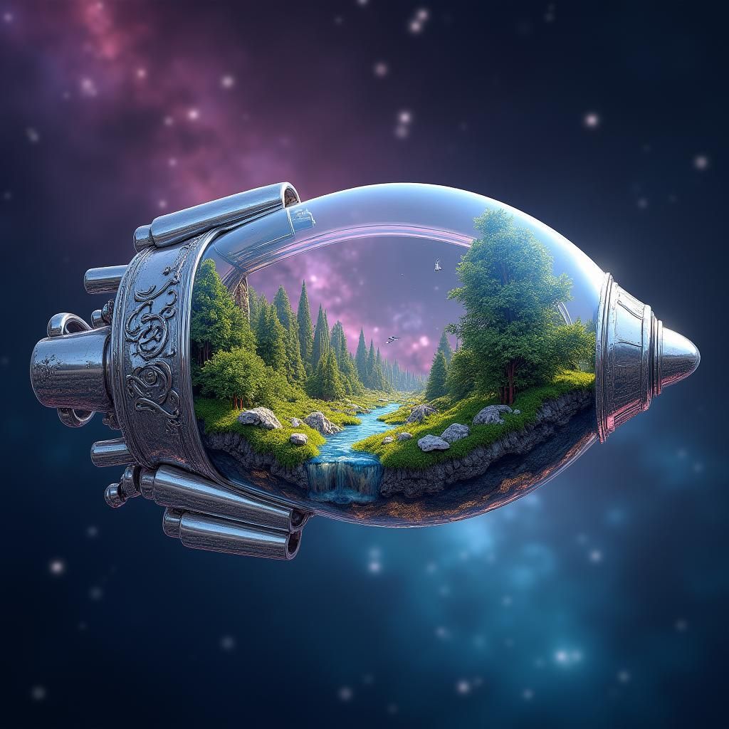 Glass Rocket Ship Drifting Through Space