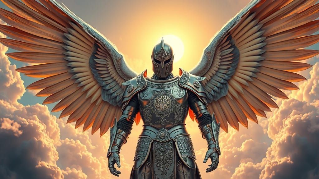 Ethereal Angelic Warrior in Shining Silver Armor with Huge D...