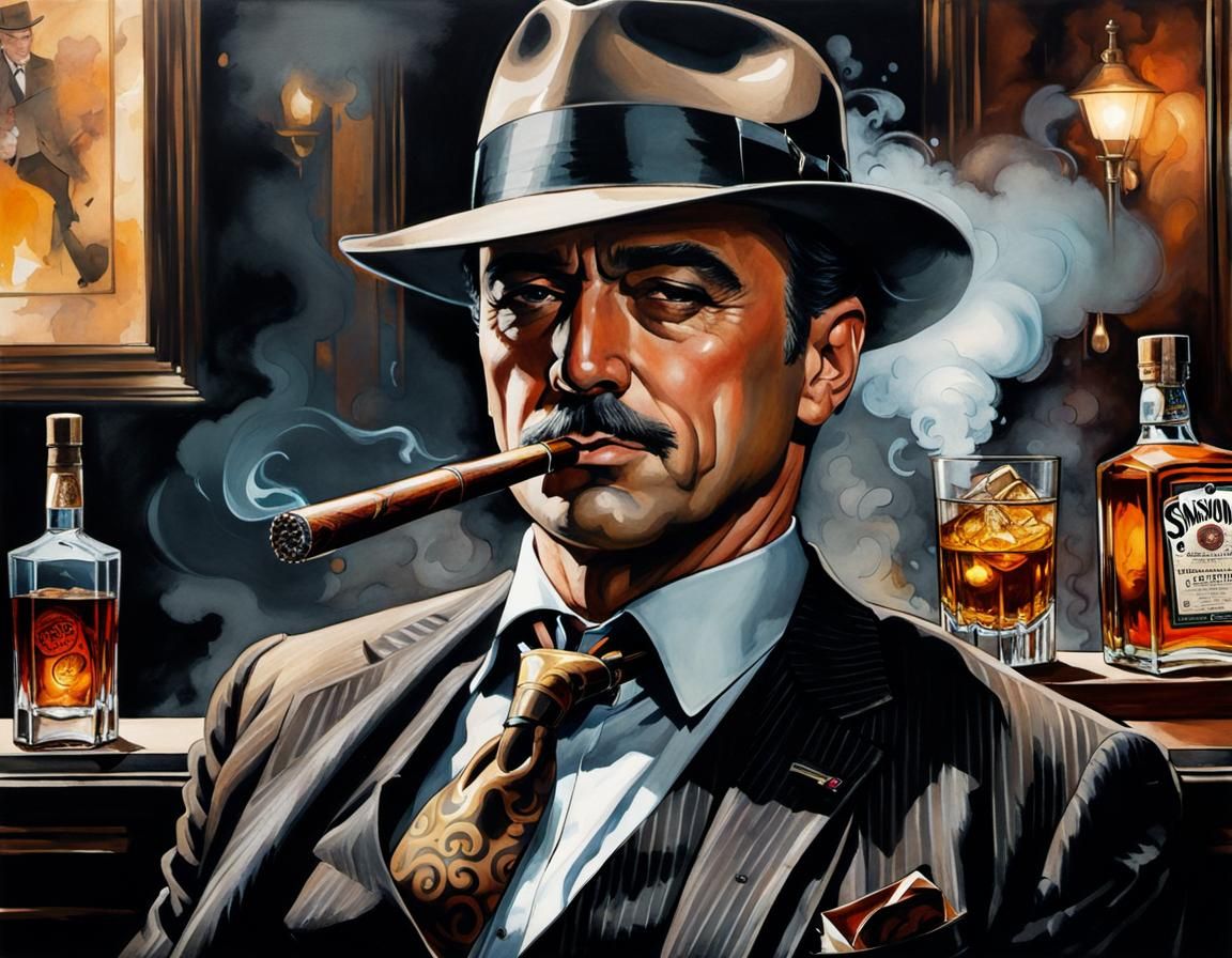 1930s Mafioso in Smoky Bar, Alcohol Ink Portrait