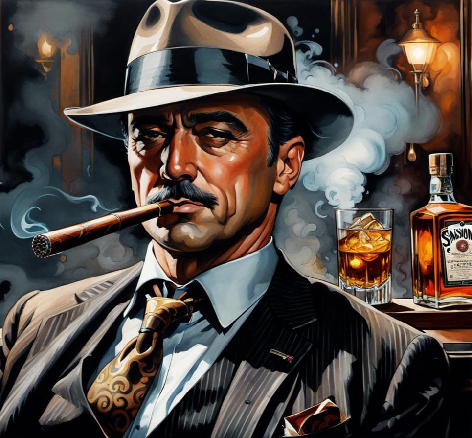 1930s Mafioso in Smoky Bar, Alcohol Ink Portrait