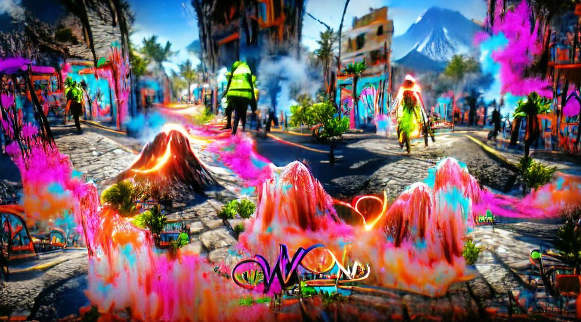 Neon Volcano Eruption in Wonderland