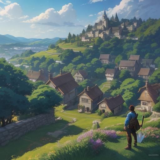 Handsome Dwarf with Trident: Ghibli-Style Anime Scene