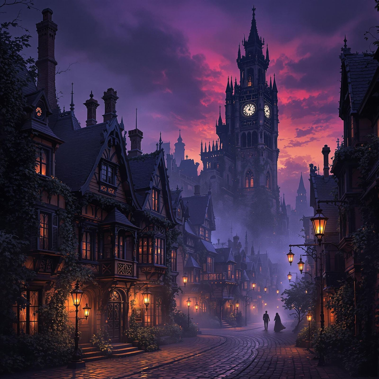 Victorian Town at Twilight: Eerie Gothic Scene