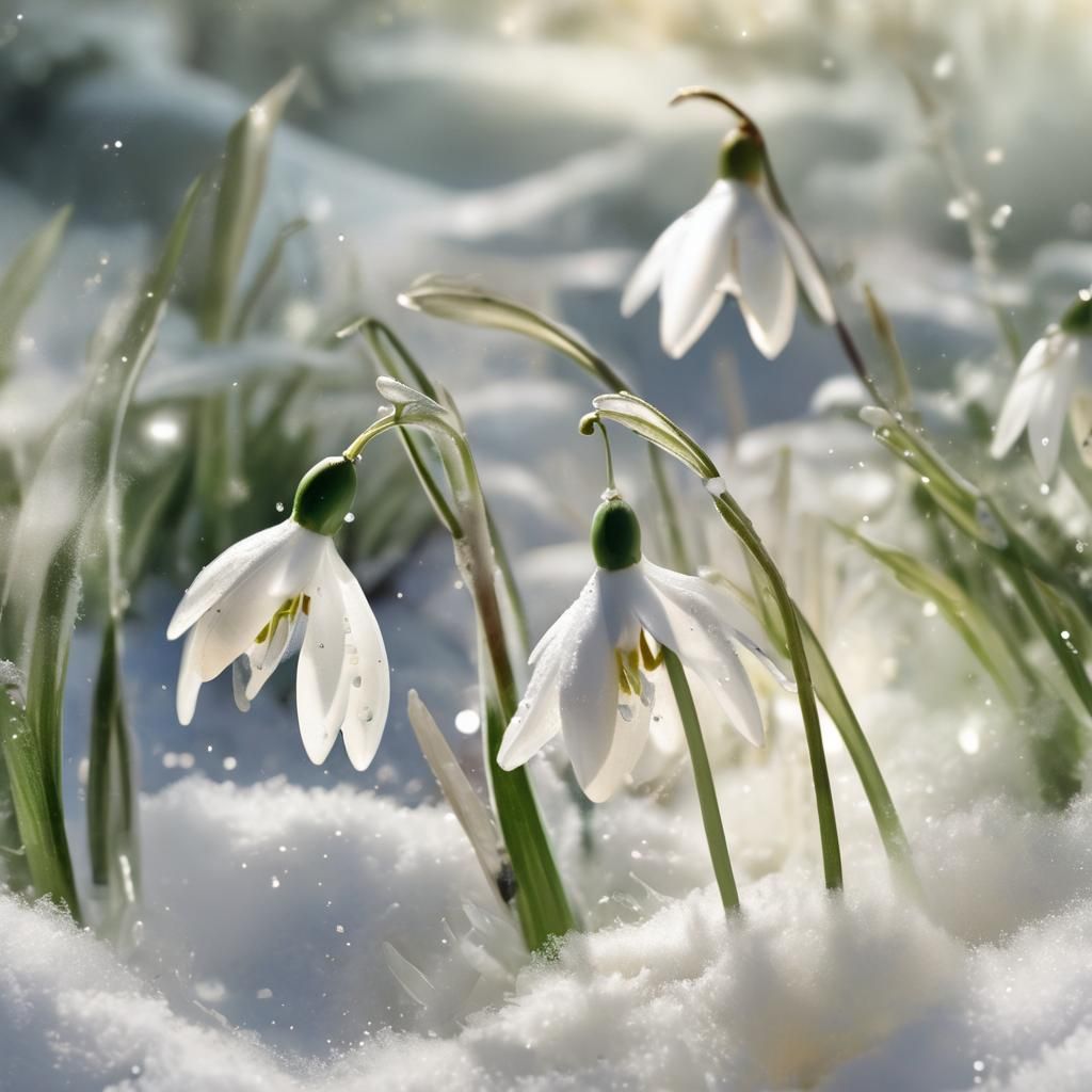 Close-Up Snowdrop in Snow: Liquid Ink Watercolor