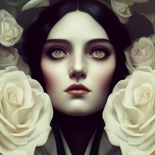 Woman in White Roses, Oil Painting Concept Art
