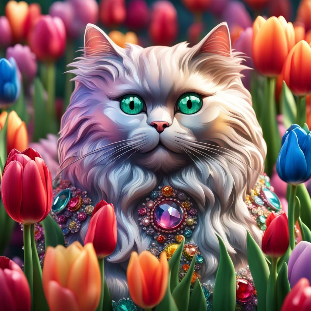 Blown Glass Cat in Crystal Flower Jungle