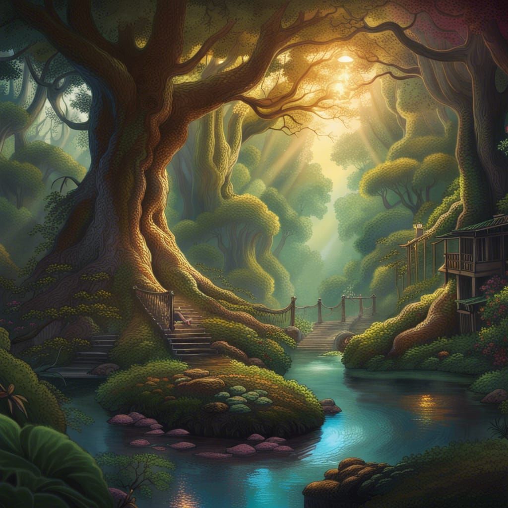 Lush Jungle Village Treehouses: Astral Illustration