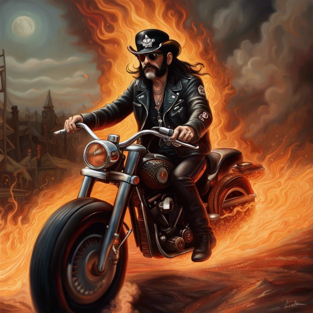Lemmy Kilmister Rides Motorcycle Through Lake of Fire