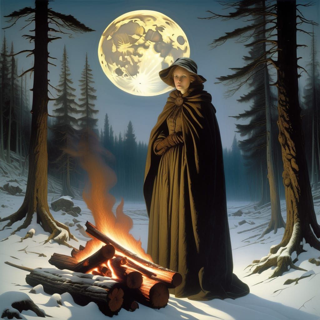 Woman Burns Majestic Yule Log under Full Moon in Snowy Meado...