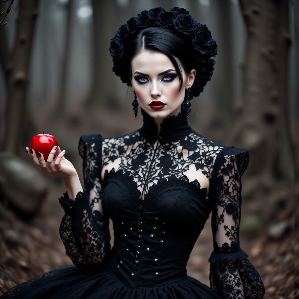 Model in Gothic Lace Gown with Red Apple
