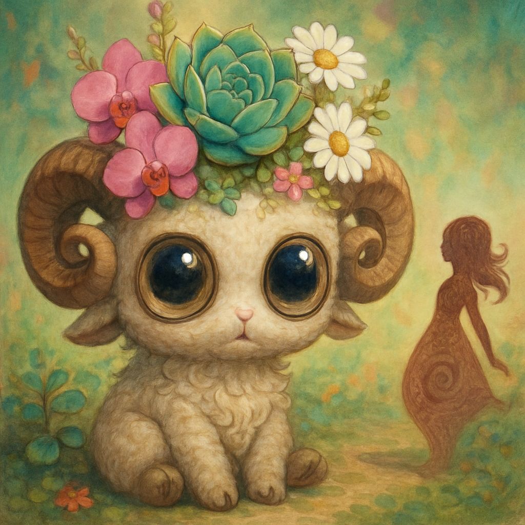 Whimsical Anime Creature with Succulents and Paisley Shadow