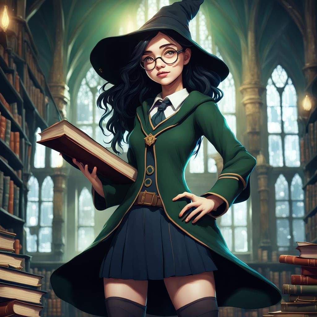 Anime Witch Casting Magic in Hogwarts Library