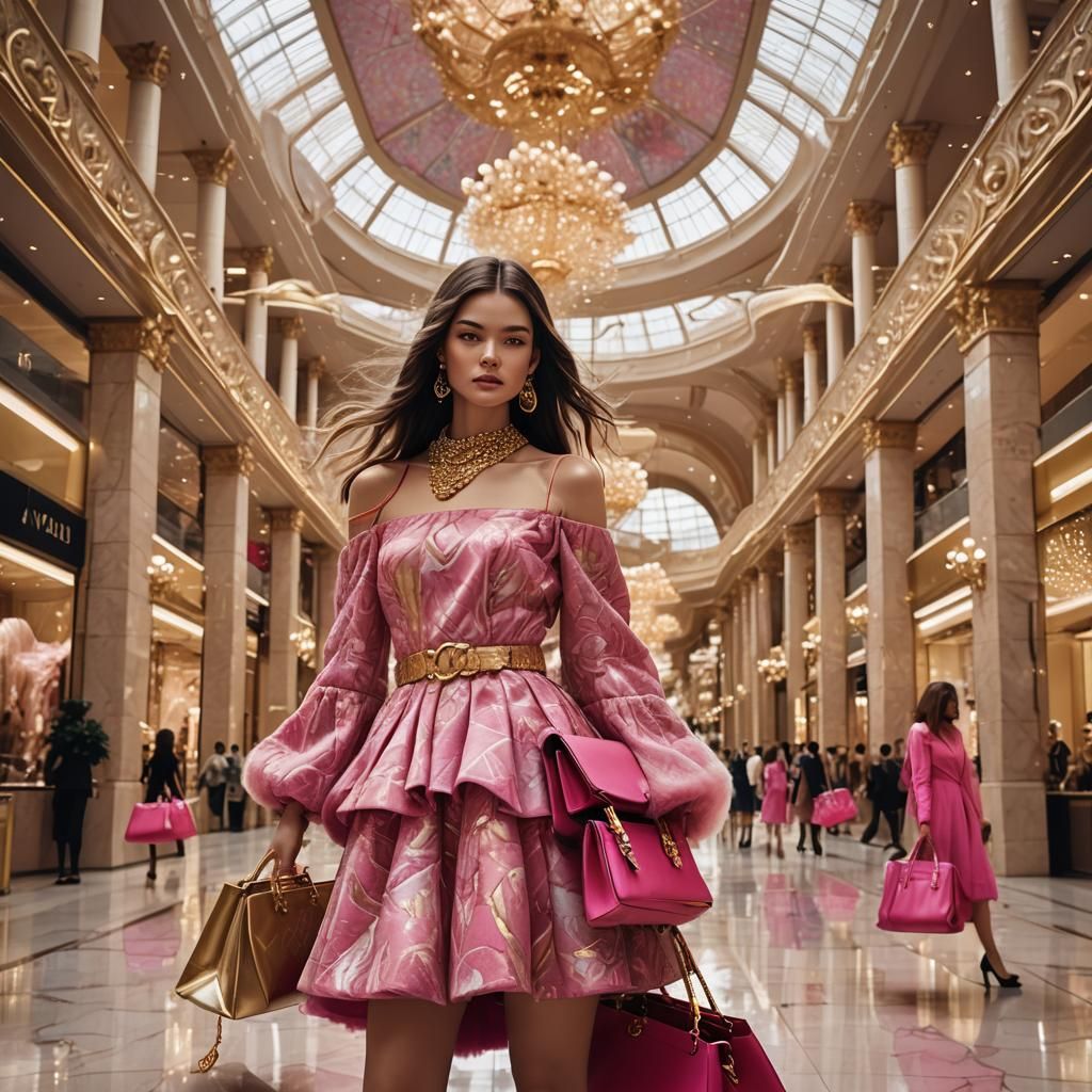 Girl in Opulent Shopping Center, Surreal Art
