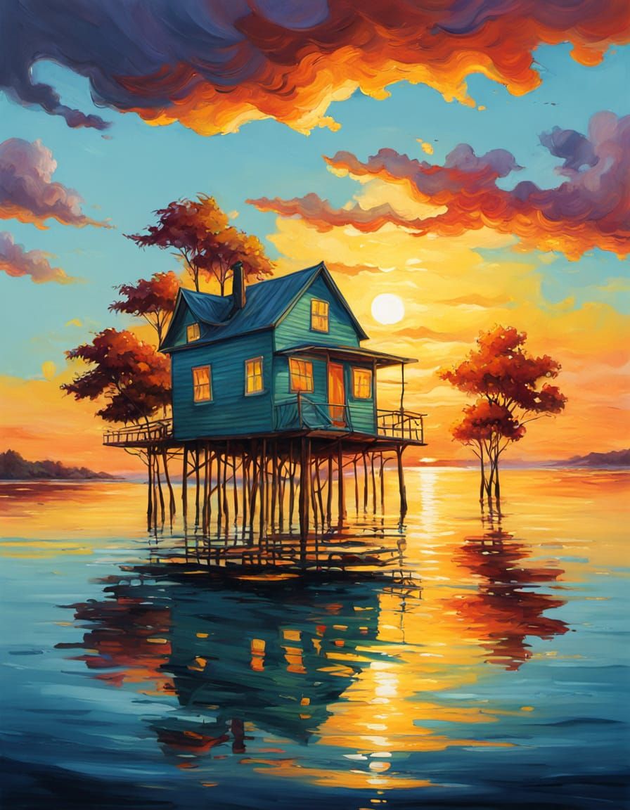 Colorful Impressionist Painting of Submerged Island House