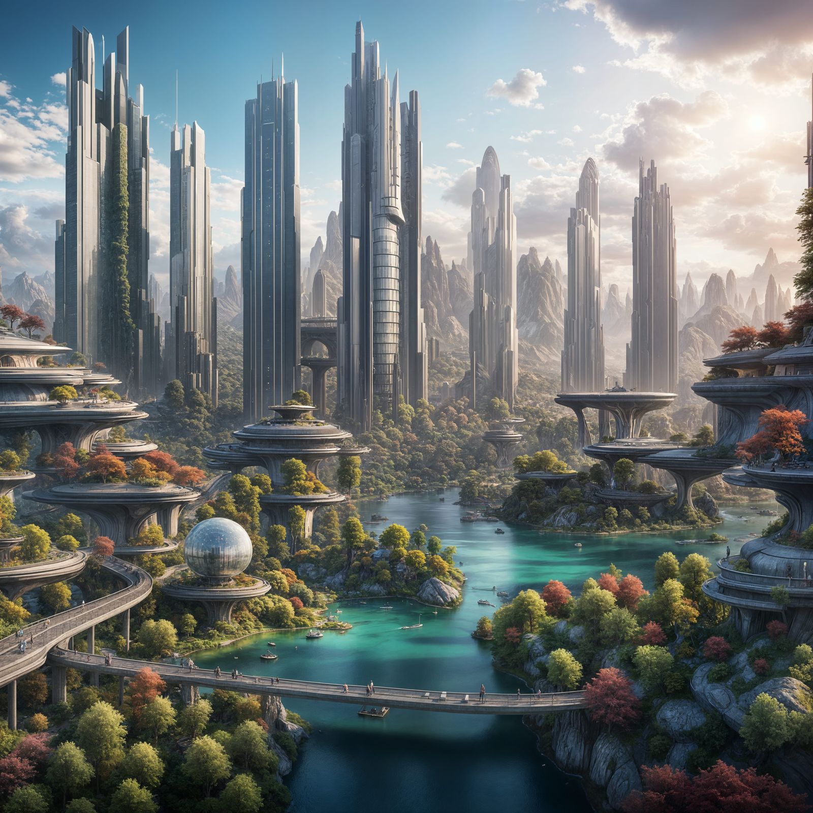 Utopian City Harmonized with Nature, Detailed Matte Painting